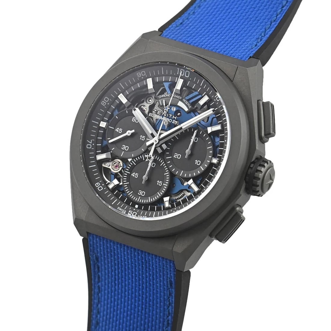 ZENITH DEFY EL PRIMERO ULTRA BLUE WATCH: Zenith Defy El Primero Ultra Blue Watch Brand: Zenith Type/Style: Wristwatch Material: Case Material Titanium Band Material: Rubber Color: Dial Color: Skeleton Size: Case Width: 44mm Case Thickness: