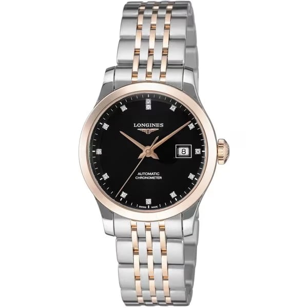 LONGINES WOMETAL BELT WATCH: Longines WoMetal Belt Watch Brand: Longines Type/Style: Wristwatch Material: Case Material Stainless steel / 18K rose gold Color: Dial Black Size: Case length / approx. 30mm width / approx. 30mm