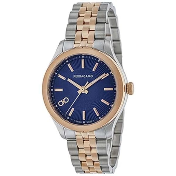 SALVATORE FERRAGAMO BLUE (BEZEL: PINK GOLD) WATCH: Salvatore Ferragamo Blue (Bezel: Pink Gold) Watch Brand: Salvatore Ferragamo Type/Style: Wristwatch Material: Case Material Stainless steel/Stainless steel (Pink gold PVD) Band material Stainless