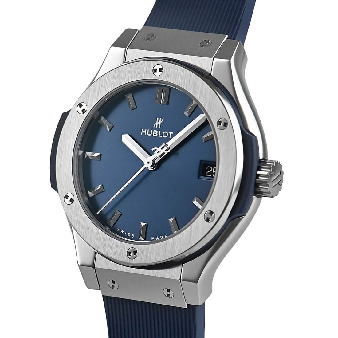 HUBLOT CLASSIC BLUE TITANIUM WATCH: HUBLOT Classic Blue Titanium Watch Brand: Hublot Type/Style: Wristwatch Material: Case Material Titanium (band): Rubber Color: Dial color: Blue Size: (case width): 33mm (case thickness): 9mm