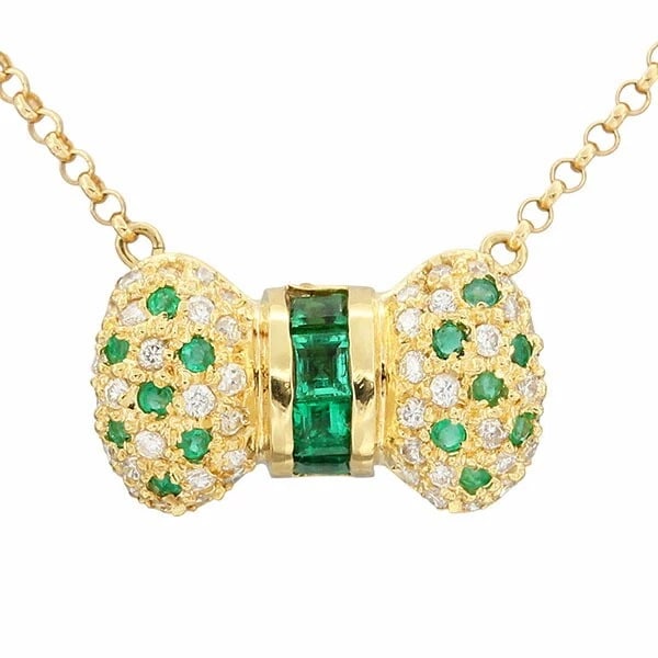 18K YG RIBBON MOTIF EMERALD DIAMOND NECKLACE: 18K YG Ribbon Motif Emerald Diamond Necklace Brand: Unbranded Type/Style: Necklace Material: 18K YG, Main Stone Emerald Color: YG Size: Size Length: Approx. 41.5cm Top: approx. W19.8mm x H11mm * Regar