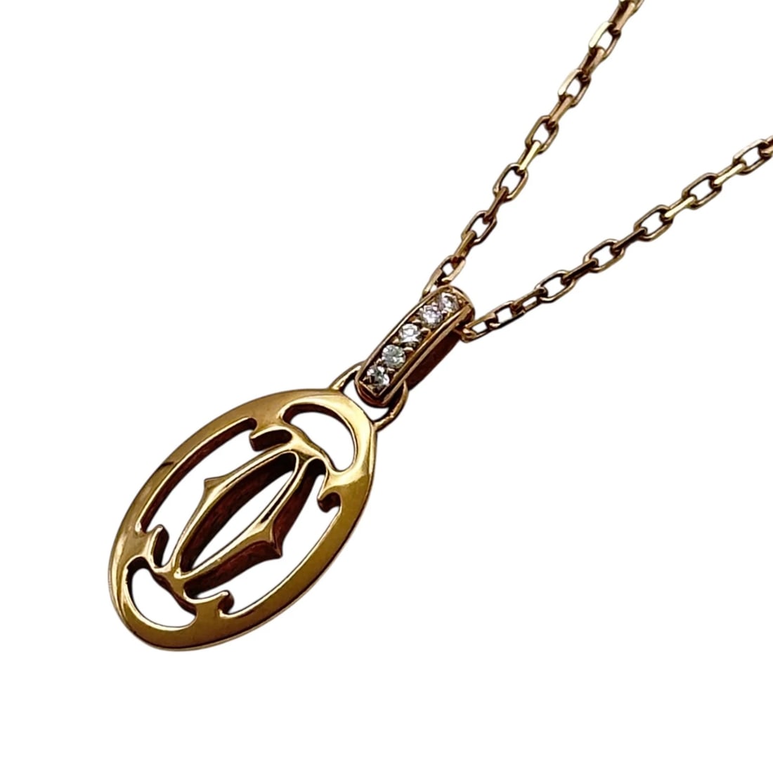 CARTIER DOUBLE C DIAMOND NECKLACE: Cartier Double C Diamond Necklace Brand: Cartier Type/Style: Necklace Material: 18K PG, Color: PG Size: Size Height: approx. 21.0mm Width: approx. 9.0mm Chain length: approx. 38.0-41.0cm Accessori