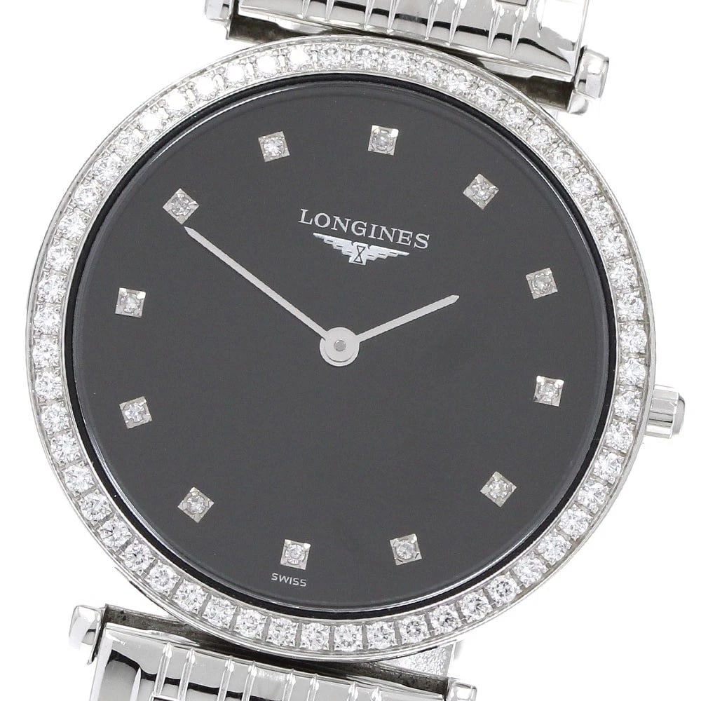 LONGINES LA GRAND CLASSIC DIAMOND BEZEL QUARTZ WATCH: LONGINES La Grand Classic Diamond Bezel Quartz Watch Brand: LONGINES Type/Style: Wristwatch Material: Band Material Stainless Steel, Case Material Stainless Steel Color: Dial Color black Size: Case Si