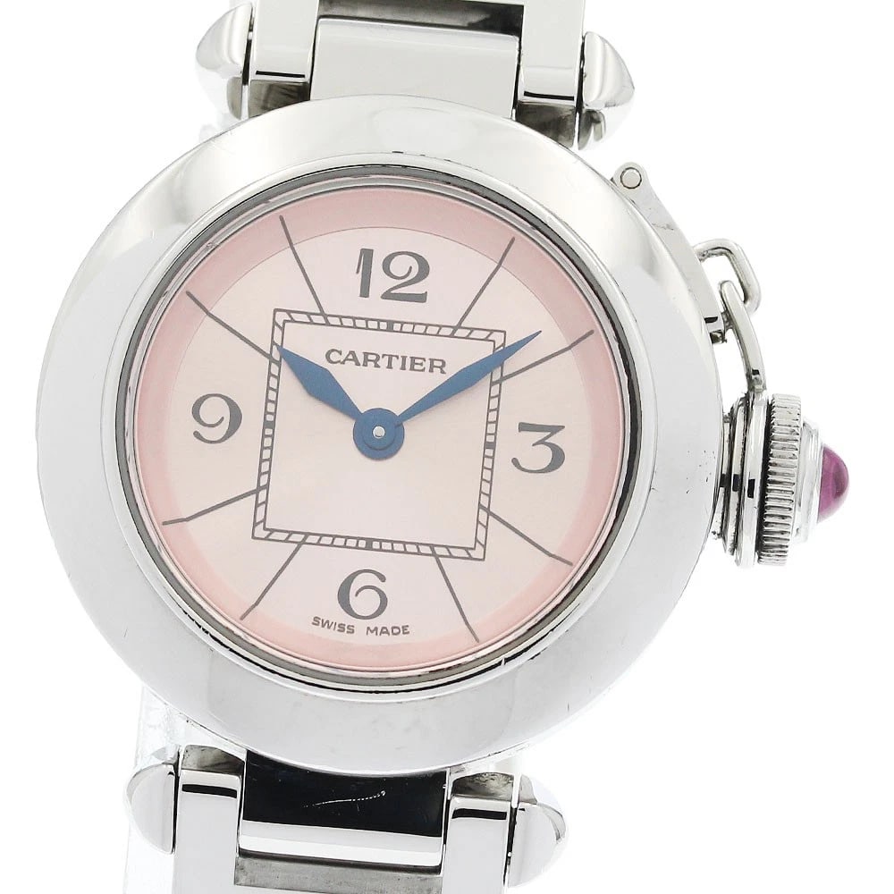 CARTIER MISPACHA PINK DIAL QUARTZ WATCH: CARTIER Mispacha pink Dial Quartz Watch Brand: CARTIER Type/Style: Wristwatch Material: Band Material Stainless Steel, Case Material Stainless Steel Color: Dial Color pink Size: Case Size About27mm