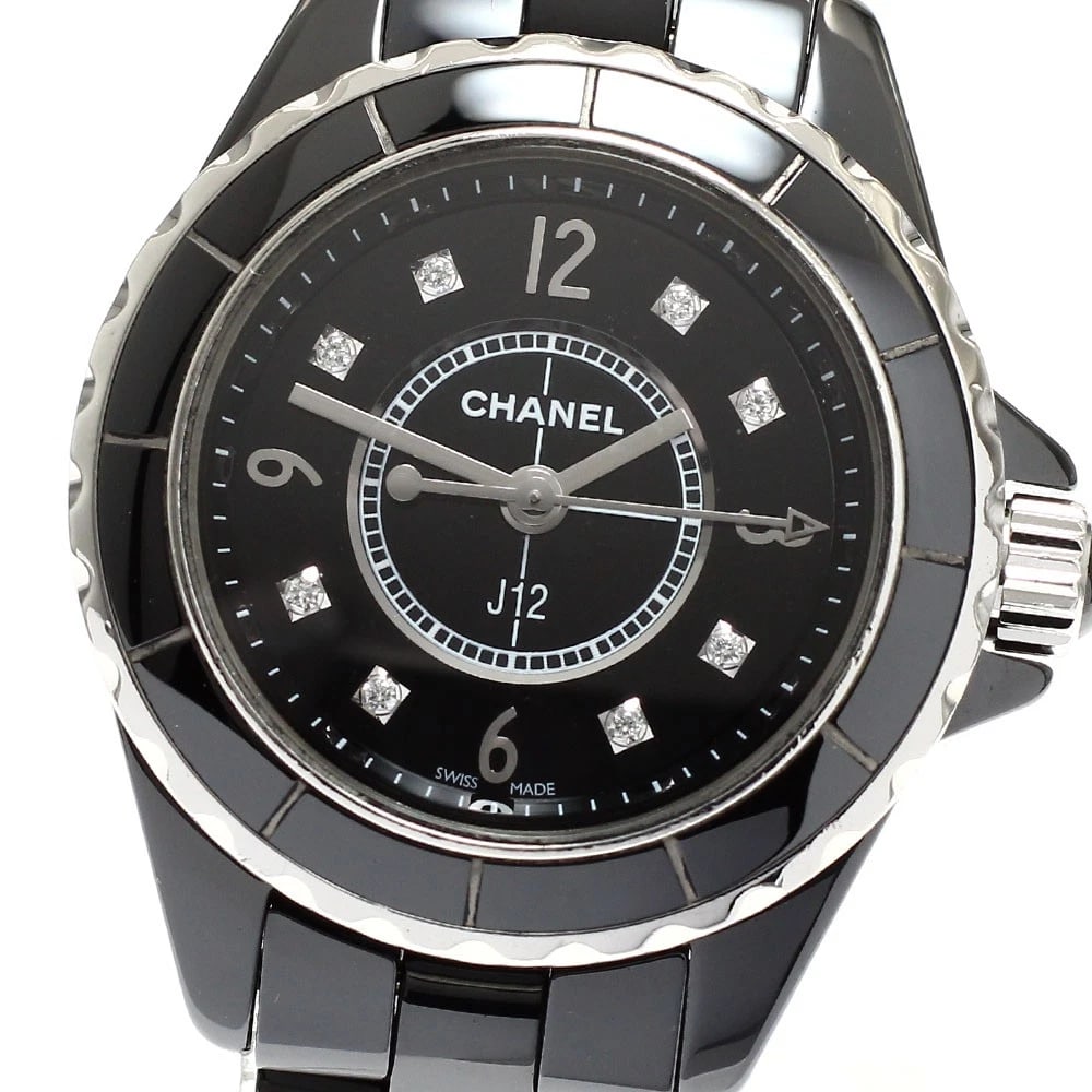 CHANEL J12 DIAMOND BLACK DIAL QUARTZ WATCH: CHANEL J12 diamond black Dial Quartz Watch Brand: CHANEL Type/Style: Wristwatch Material: Band Material Stainless Steel / ceramic, Case Material Stainless Steel / ceramic Color: Dial Color black
