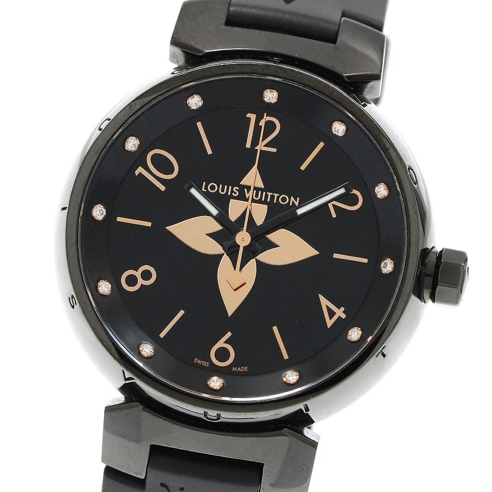 LOUIS VUITTON TAMBOUR DIAMOND BLACK DIAL QUARTZ WATCH: LOUIS VUITTON Tambour diamond black Dial Quartz Watch Brand: LOUIS VUITTON Type/Style: Wristwatch Material: Band Material rubber, Case Material Stainless Steel Color: Dial Color black Size: Case Size