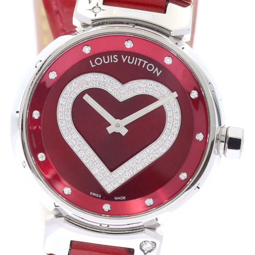 LOUIS VUITTON TAMBOUR HEART POMME DIAMOND QZ WATCH: LOUIS VUITTON Tambour Heart Pomme diamond QZ Watch Brand: LOUIS VUITTON Type/Style: Wristwatch Material: Band Material leather, Case Material Stainless Steel Color: Dial Color Red Size: Case Size