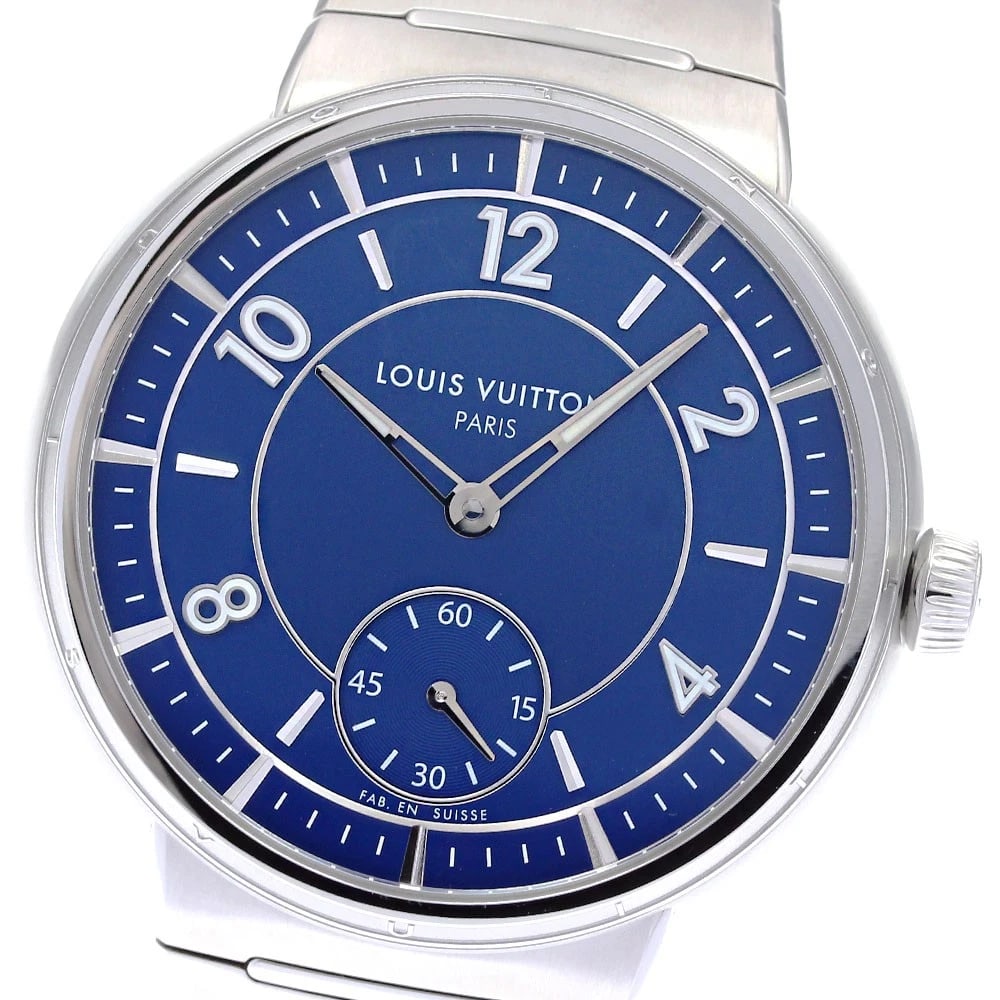 LOUIS VUITTON TAMBOUR STEEL BLUE SMALL AUTOMATIC WATCH: LOUIS VUITTON Tambour Steel Blue Small Automatic Watch Brand: LOUIS VUITTON Type/Style: Wristwatch Material: Band Material Stainless Steel, Case Material Stainless Steel Color: Dial Color blue Size: C
