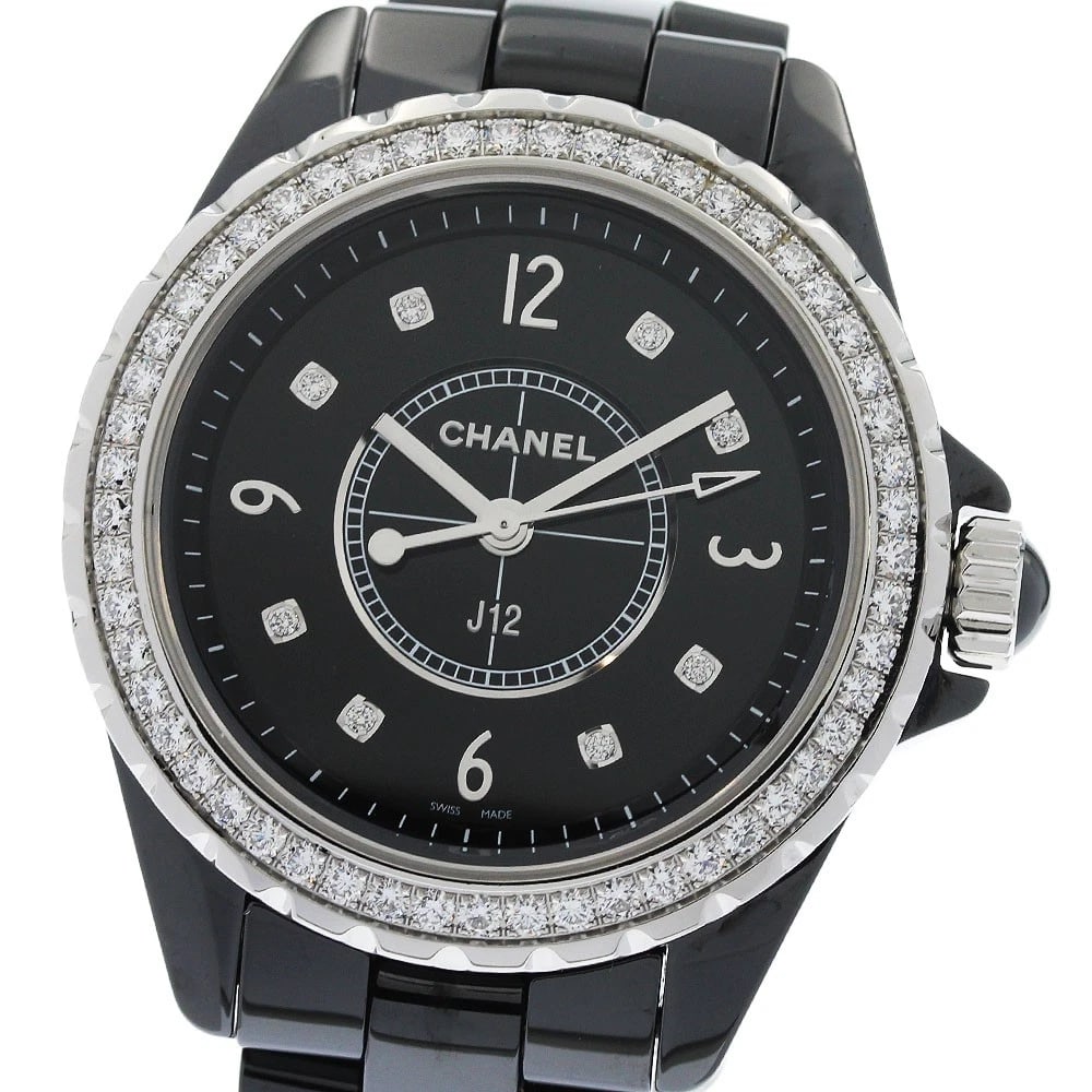 CHANEL J12 BLACK CERAMIC DIAMOND BEZEL BLACK DIAL QUARTZ WATCH: CHANEL J12 Black ceramic diamond bezel black Dial Quartz Watch Brand: CHANEL Type/Style: Wristwatch Material: Band Material Stainless Steel / ceramic, Case Material Stainless Steel / ceramic Color: Di