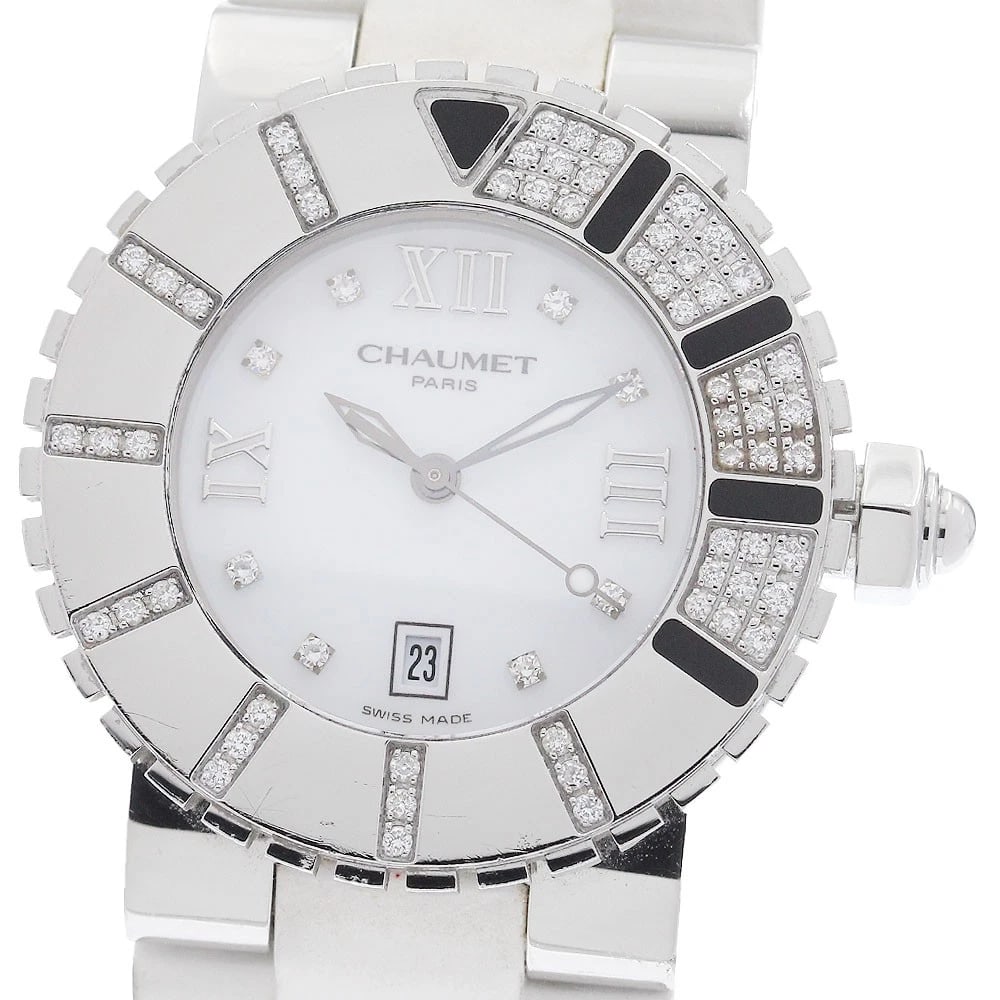 CHAUMET CLASS DATE DIAMOND BEZEL WHITE DIAL QUARTZ WATCH: Chaumet Class date diamond bezel white Dial Quartz Watch Brand: Chaumet Type/Style: Wristwatch Material: Band Material rubber, Case Material Stainless Steel Color: Dial Color white Size: Case Size