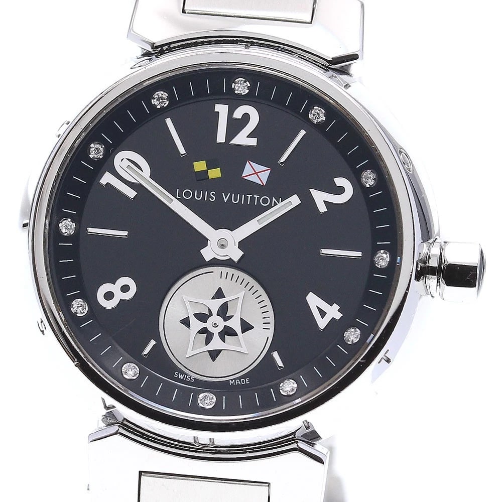 LOUIS VUITTON TAMBOUR LOVELY CUP DIAMOND QUARTZ WATCH: LOUIS VUITTON Tambour Lovely Cup diamond Quartz Watch Brand: LOUIS VUITTON Type/Style: Wristwatch Material: Band Material Stainless Steel, Case Material Stainless Steel Color: Dial Color black Size: