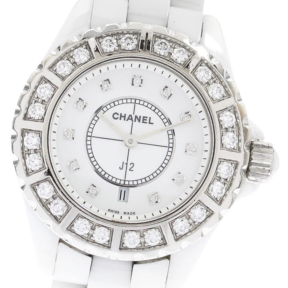 CHANEL J12 WHITE CERAMIC DIAMOND BEZEL DATE WATCH: CHANEL J12 White Ceramic Diamond Bezel Date Watch Brand: CHANEL Type/Style: Wristwatch Material: Band Material Stainless Steel / ceramic, Case Material Stainless Steel / ceramic Color: Dial Color whit