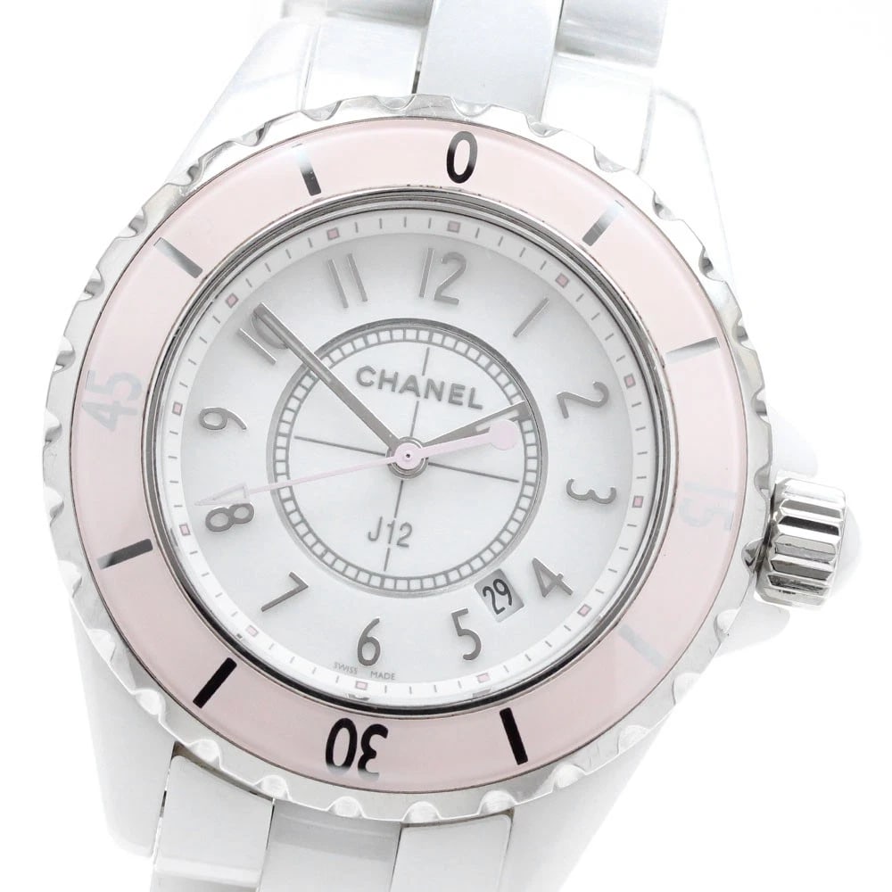 CHANEL J12 SOFT PINK WHITE CERAMIC WHITE DIAL QUARTZ WATCH (1 of 4)