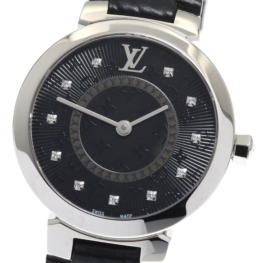 LOUIS VUITTON TAMBOUR SLIM PM DIAMOND BLACK DIAL WATCH: LOUIS VUITTON Tambour Slim PM diamond black Dial Watch Brand: LOUIS VUITTON Type/Style: Wristwatch Material: Band Material leather, Case Material Stainless Steel Color: Dial Color black Size: About 28