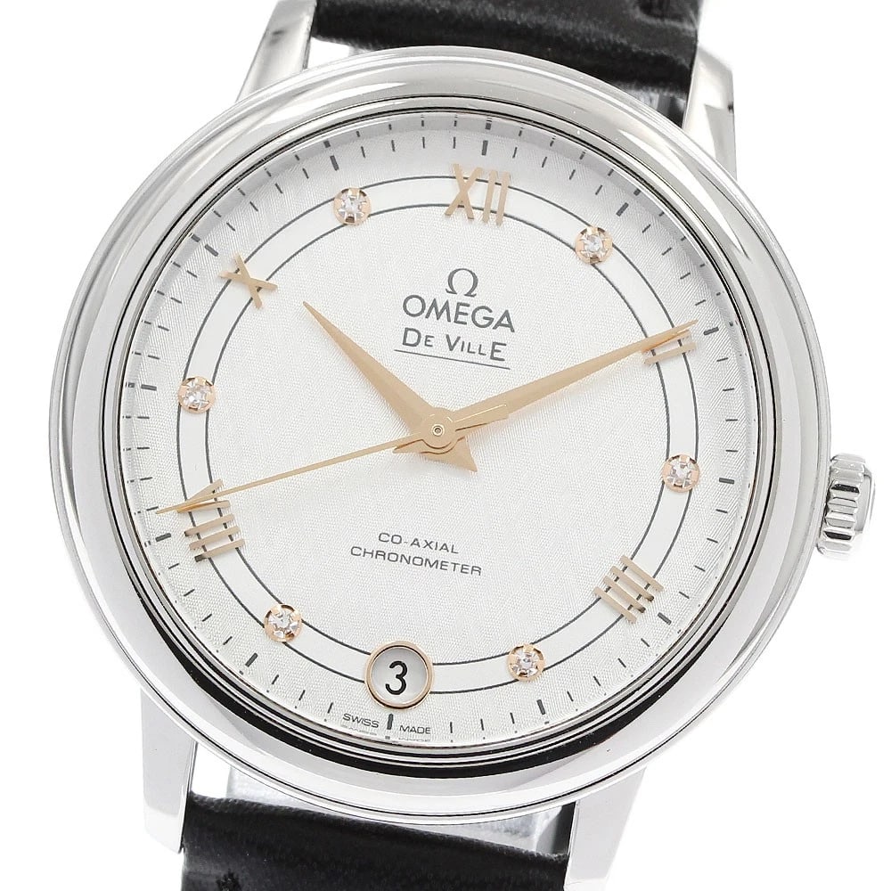 OMEGA DE VILLE PRESTIGE DIAMOND AUTOMATIC WATCH: OMEGA De Ville Prestige diamond Automatic Watch Brand: OMEGA Type/Style: Wristwatch Material: Band Material leather, Case Material Stainless Steel Color: Dial Color Silver Size: About 33mm (1.3inch) (