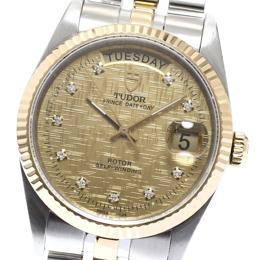 TUDOR PRINCE DATE DAY DIAMOND GOLD DIAL AUTOMATIC WATCH: TUDOR Prince Date Day diamond gold Dial Automatic Watch Brand: TUDOR Type/Style: Wristwatch Material: Band Material Stainless Steel/YG, Case Material Stainless Steel/YG Color: Dial Color gold Size: