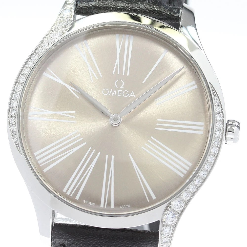OMEGA DE VILLE TRESOR DIAMOND BEZEL QUARTZ WATCH: OMEGA De Ville Tresor Diamond Bezel Quartz Watch Brand: OMEGA Type/Style: Wristwatch Material: Band Material leather, Case Material Stainless Steel Color: Dial Color Brown Size: About 39mm (1.5inch)
