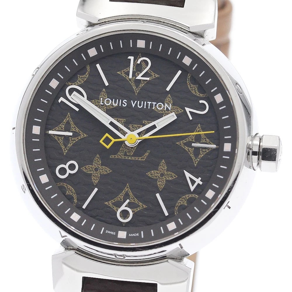 LOUIS VUITTON TAMBOUR MM MONOGRAM BROWN DIAL QUARTZ WATCH: LOUIS VUITTON Tambour MM Monogram Brown Dial Quartz Watch Brand: LOUIS VUITTON Type/Style: Wristwatch Material: Band Material leather, Case Material Stainless Steel Color: Dial Color Brown Size: Case