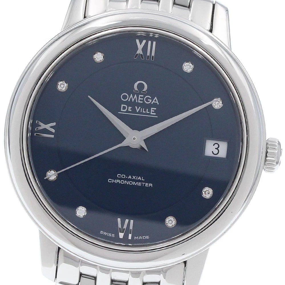 OMEGA DE VILLE PRESTIGE DIAMOND COAXIAL WATCH: OMEGA De Ville Prestige Diamond Coaxial Watch Brand: OMEGA Type/Style: Wristwatch Material: Band Material Stainless Steel, Case Material Stainless Steel Color: Dial Color Navy Size: Case Size