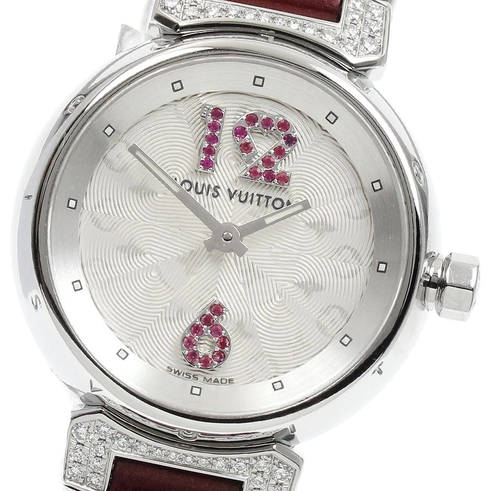 LOUIS VUITTON TAMBOUR RUBY INDEX LUG DIAMOND QUARTZ WATCH: LOUIS VUITTON Tambour ruby index lug diamond Quartz Watch Brand: LOUIS VUITTON Type/Style: Wristwatch Material: Band Material leather, Case Material Stainless Steel Color: Dial Color Silver Size: