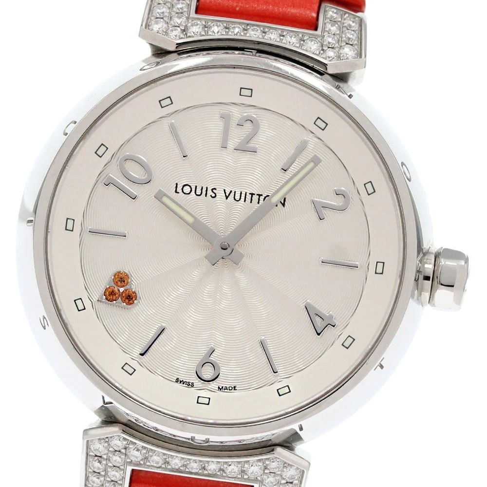 LOUIS VUITTON TAMBOUR HEART LOVE DIAMOND MM RUG DIAMOND WATCH: LOUIS VUITTON Tambour Heart Love Diamond MM Rug diamond Watch Brand: LOUIS VUITTON Type/Style: Wristwatch Material: Band Material Enamel / leather, Case Material Stainless Steel Color: Dial Color Silv