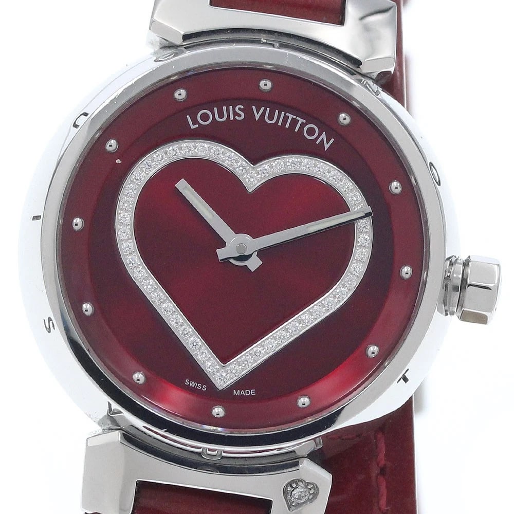 LOUIS VUITTON TAMBOUR HEART DIAMOND RED DIAL QUARTZ WATCH: LOUIS VUITTON Tambour Heart diamond Red Dial Quartz Watch Brand: LOUIS VUITTON Type/Style: Wristwatch Material: Band Material leather, Case Material Stainless Steel Color: Dial Color Red Size: Case Si