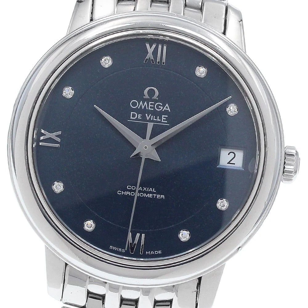 OMEGA DE VILLE PRESTIGE DIAMOND AUTOMATIC WATCH: OMEGA De Ville Prestige Diamond Automatic Watch Brand: OMEGA Type/Style: Wristwatch Material: Band Material Stainless Steel, Case Material Stainless Steel Color: Dial Color Navy Size: Case Size