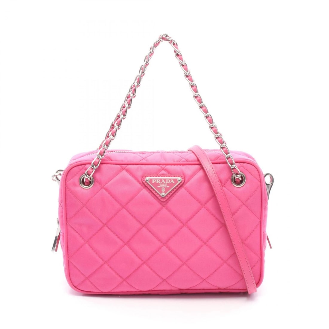 PRADA TRIANGLE LOGO CHAIN SHOULDER CROSSBODY HANDBAG: PRADA Triangle logo Chain Shoulder Crossbody Handbag Brand: PRADA Type/Style: Handbag Material: Exterior Material Nylon and leather Color: Exterior Color Pink?ish colors Size: H:14cm x W:21cm x D:6cm 