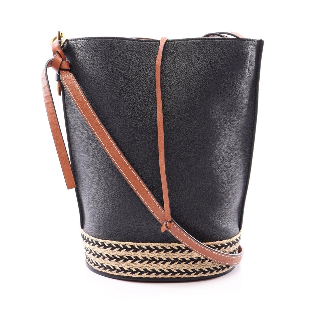 LOEWE GATE BUCKET SHOULDER BAG LEATHER RAFFIA BLACK BROWN (1 of 5)
