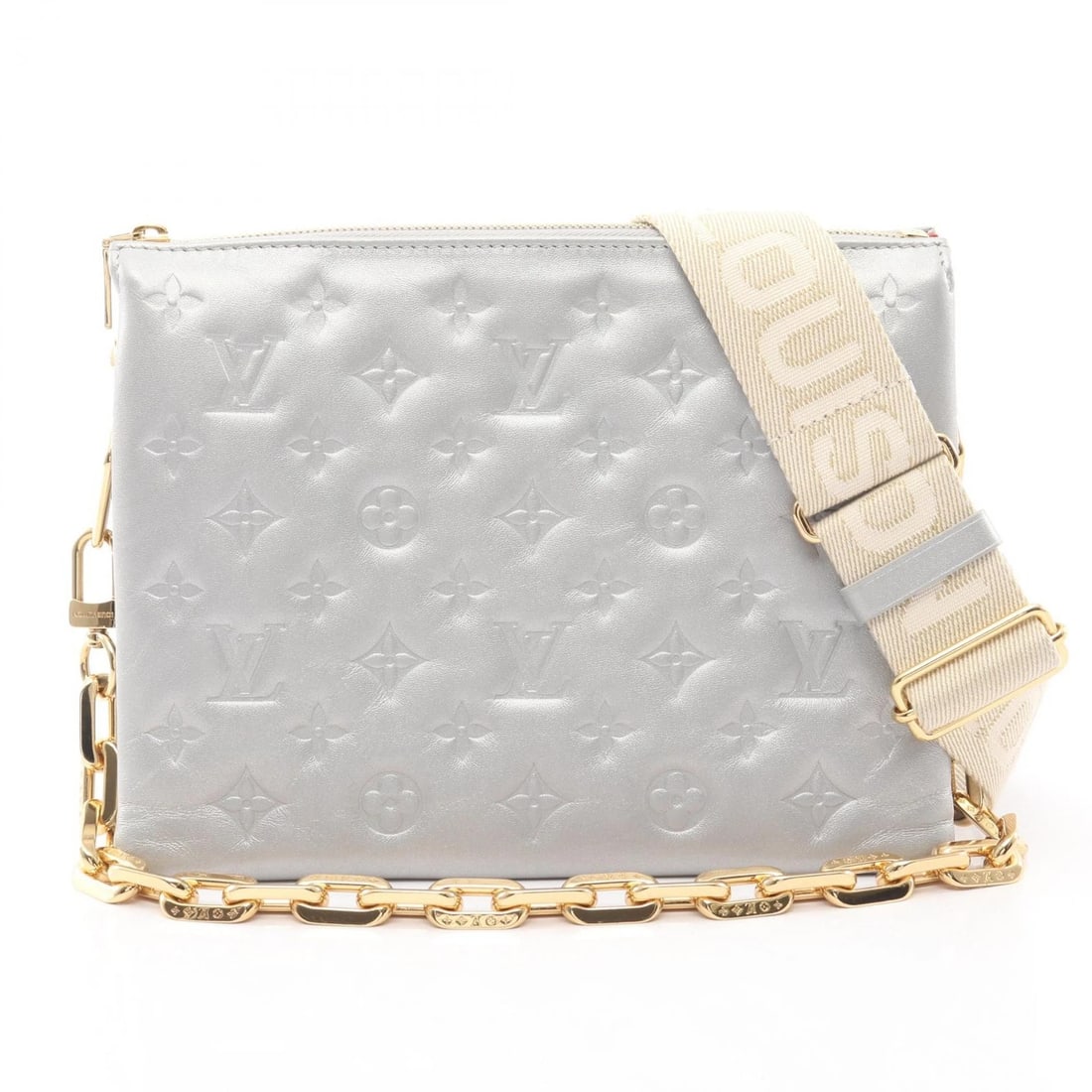 LOUIS VUITTON COUSSIN PM SHOULDER BAG: LOUIS VUITTON Coussin PM Shoulder Bag Brand: LOUIS VUITTON Type/Style: Shoulder Bag Material: Exterior Material Monogram/Emboss and leather Color: Exterior Color Silver / Silver?ish colors Size: H:20c