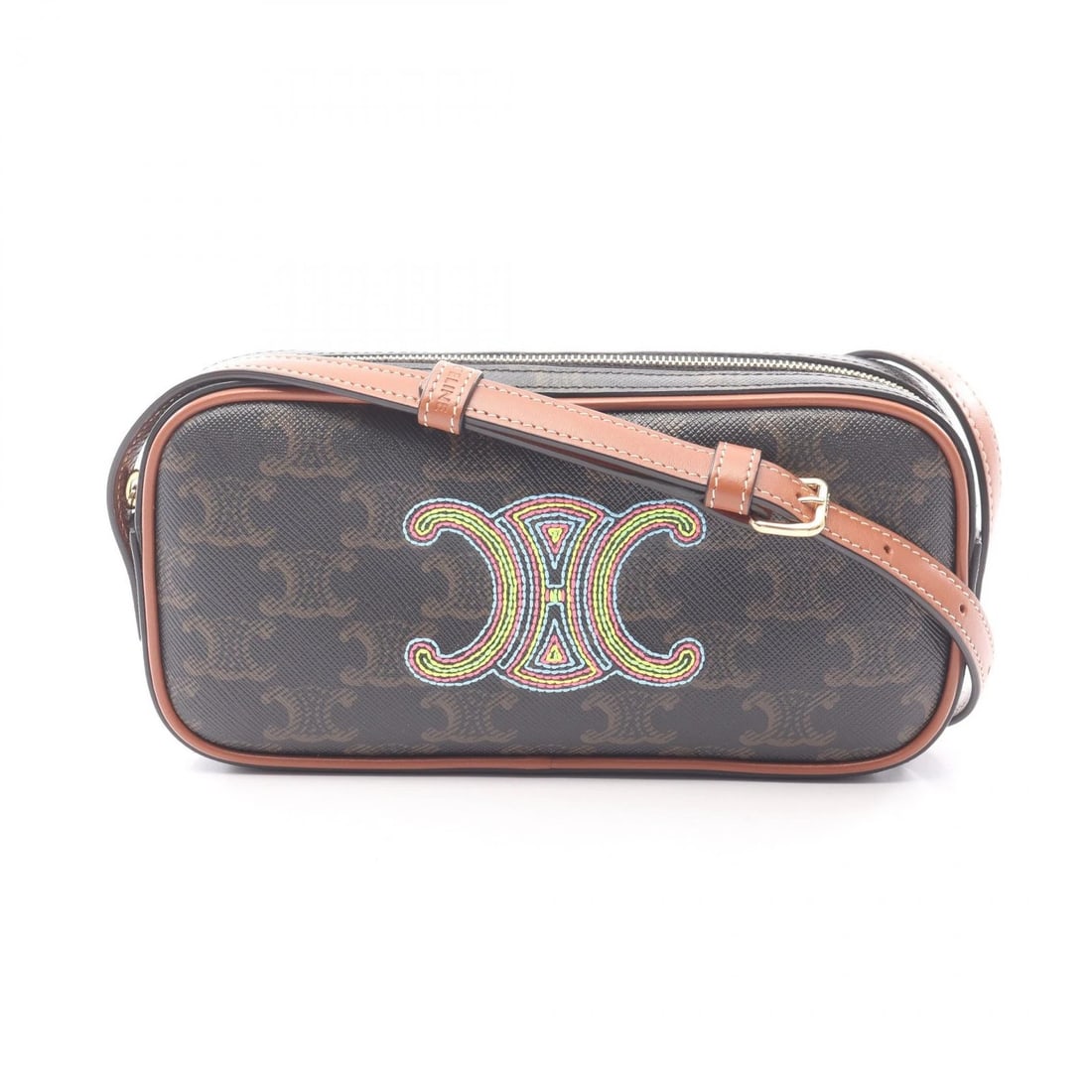 CELINE CUIR TRIOMPHE MINI CAMERA SHOULDER BAG: CELINE Cuir Triomphe Mini Camera Shoulder Bag Brand: CELINE Type/Style: Shoulder Bag Material: Exterior Material PVC coated canvas and leather Color: Exterior Color Black?ish colors and Brown?ish colo