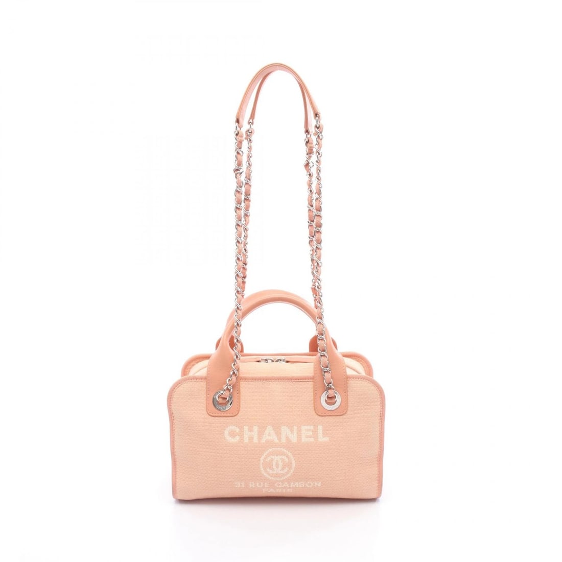 CHANEL DEAUVILLE BOWLING CHAIN SHOULDER BAG: CHANEL Deauville bowling Chain Shoulder Bag Brand: CHANEL Type/Style: Shoulder Bag Material: Exterior Material canvas and leather Color: Exterior Color Pink?ish colors Size: H:17cm x W:27cm x D:11cm (