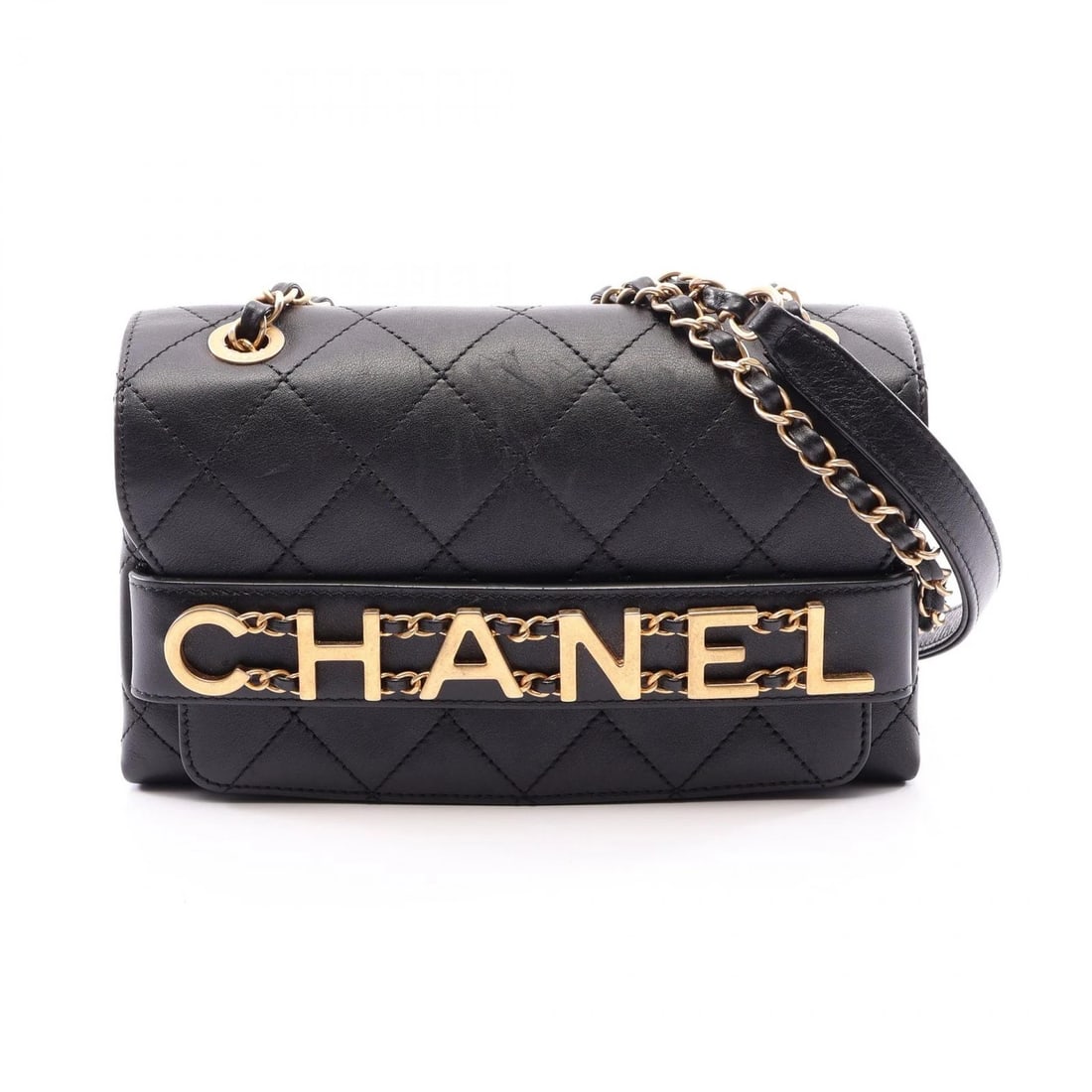 CHANEL MATELASSE LOGO CHAIN SHOULDER HANDBAG: CHANEL Matelasse Logo Chain Shoulder Handbag Brand: CHANEL Type/Style: Shoulder Bag Material: Exterior Material Lambskin (sheep leather) Color: Exterior Color Black?ish colors Size: H:13cm x W:20.5cm 