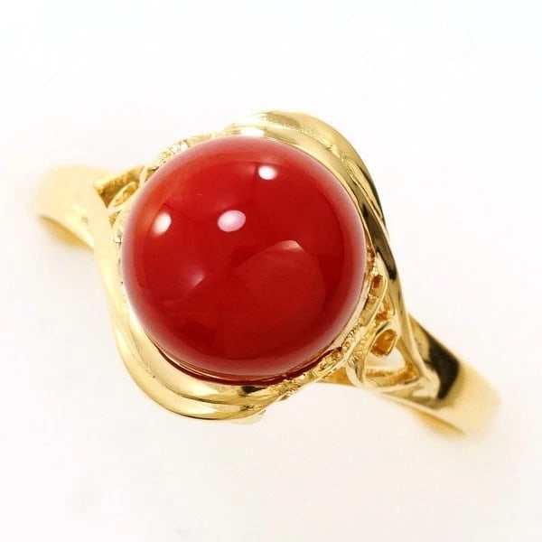 K18 GOLD RING: K18 Gold Ring Brand: No Brand Type/Style: Ring Material: K18/Yellow Gold, Main Stone Coral Color: Yellow Gold Size: US 7 Accessories: None Accessories Notice: When purchasing pre-owned goo