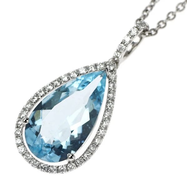 K18WG AQUAMARINE DIAMOND PENDANT NECKLACE: K18WG Aquamarine Diamond Pendant Necklace Brand: None Type/Style: pendant necklace Material: K18WG, Main Stone Aquamarine Color: WG Size: Chain Length 40 cm Accessories: None Accessories Notice: When