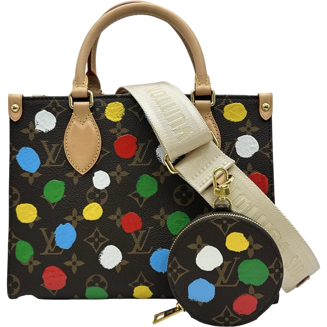 LOUIS VUITTON ON THE GO PM TOTE BAG: LOUIS VUITTON On the Go PM Tote Bag Brand: LOUIS VUITTON Type/Style: Tote Bag Material: Monogram Painted Dots Color: Brown Size: W9.6 x H7.5x D3.9inch Shoulder:29.5inch Accessories: None A