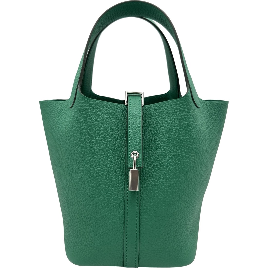 HERMES PICOTAN LOCK PM HANDBAG: HERMES Picotan Lock PM Handbag Brand: HERMES Type/Style: Handbag Material: Taurillon Clemence Color: Vert Vertigo SilverHardware Size: W7.1 x H7.1x D5.1inch Accessories: None Accessories Notice: When