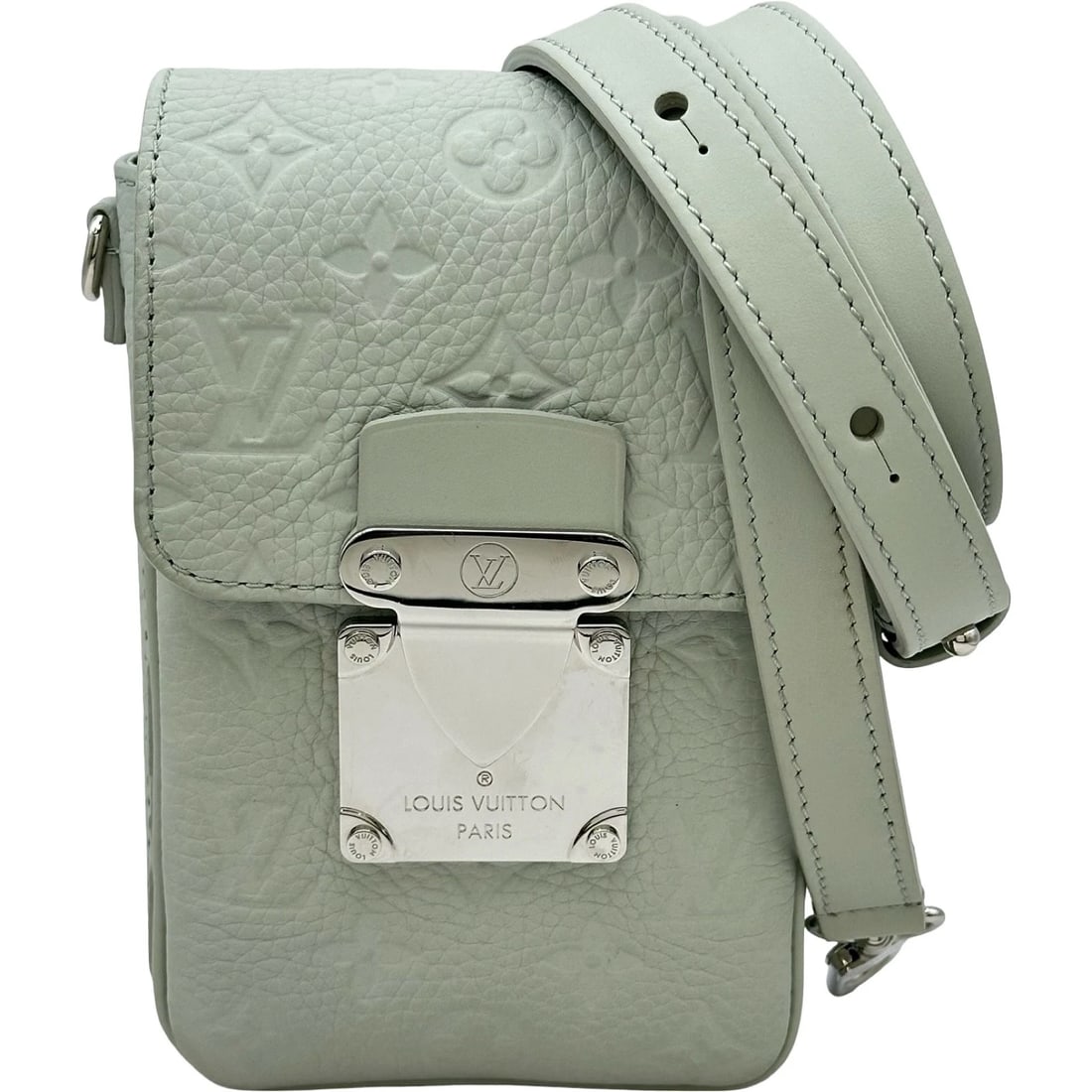 LOUIS VUITTON S LOCK VERTICAL SHOULDER BAG: LOUIS VUITTON S Lock Vertical Shoulder Bag Brand: LOUIS VUITTON Type/Style: Shoulder Bag Material: Taurillon Clemence Monogram Color: Light gray Size: W4.7 x H7.1x D1.7inch Shoulder:42.1inch