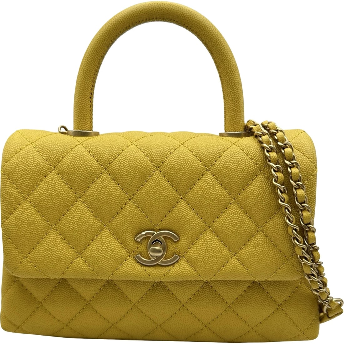 CHANEL COCO HANDLE HANDBAG: CHANEL Coco Handle Handbag Brand: CHANEL Type/Style: Handbag Material: Caviar skin Color: Yellow Gold Hardware Size: W8.9 x H5.5x D3.7inch Shoulder:37.0inch Accessories: None Accessories N