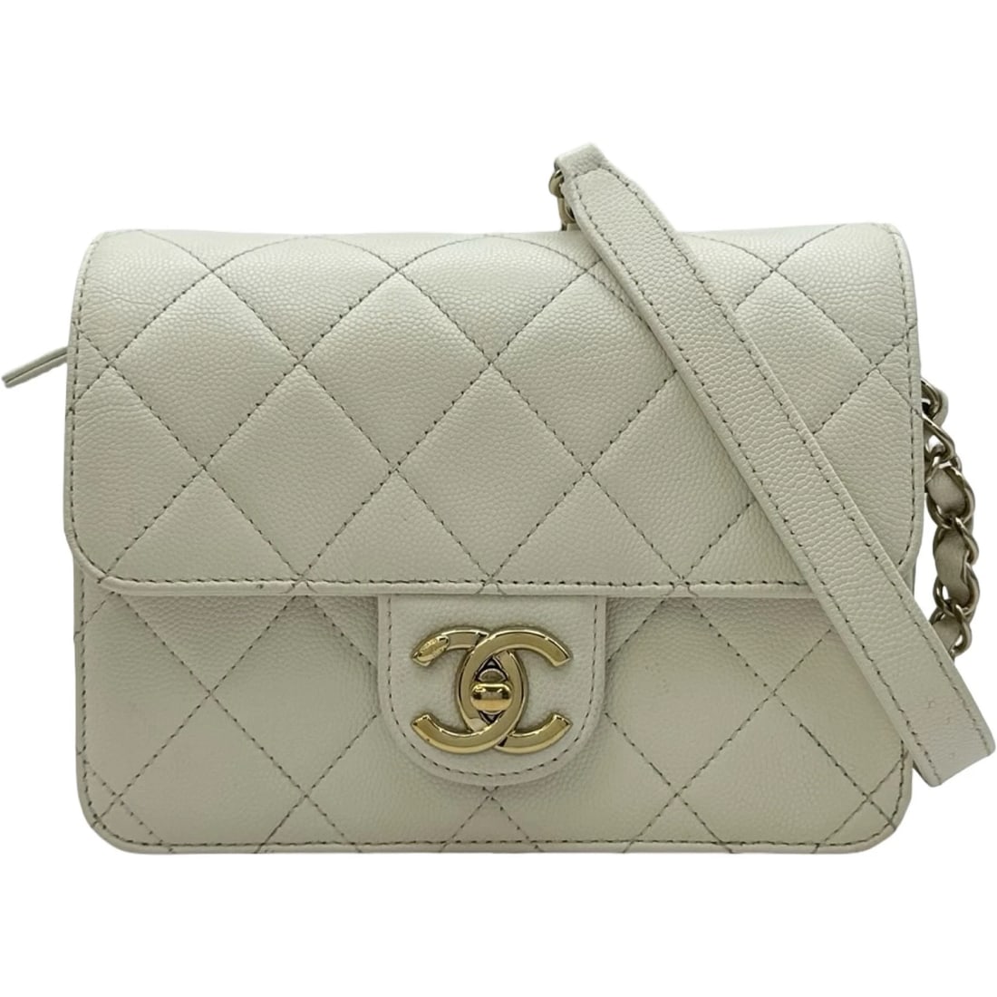 CHANEL MATELASSE MINI FLAP SHOULDER BAG: CHANEL Matelasse Mini Flap Shoulder Bag Brand: CHANEL Type/Style: Shoulder Bag Material: Caviar skin Color: White Gold Hardware Size: W7.1 x H5.1x D1.4inch Shoulder:49.2inch Accessories: None