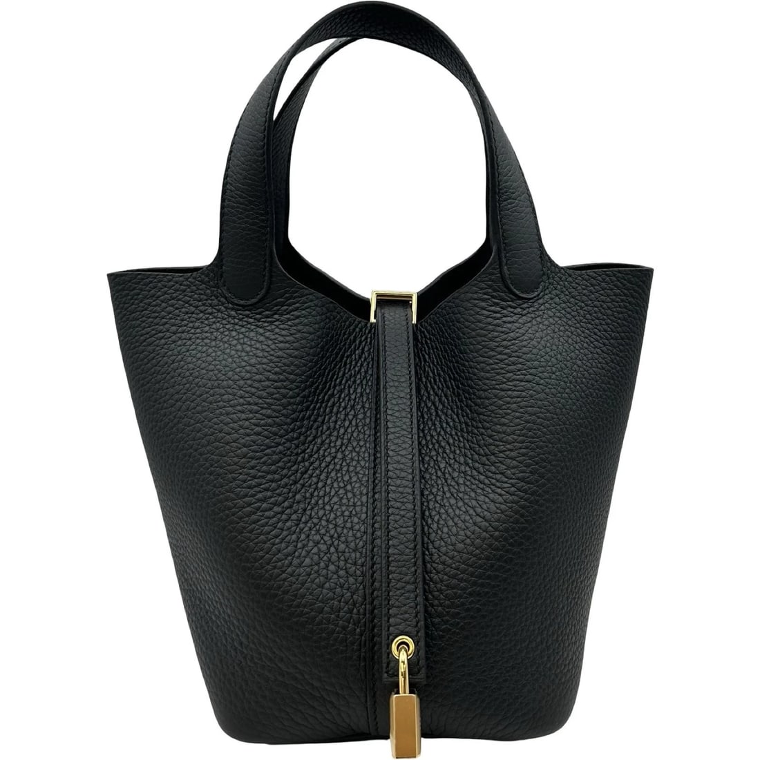 HERMES PICOTAN LOCK PM HANDBAG: HERMES Picotan Lock PM Handbag Brand: HERMES Type/Style: Handbag Material: Taurillon Clemence Color: Black Gold Hardware Size: W7.3 x H7.3x D4.9inch Accessories: None Accessories Notice: W