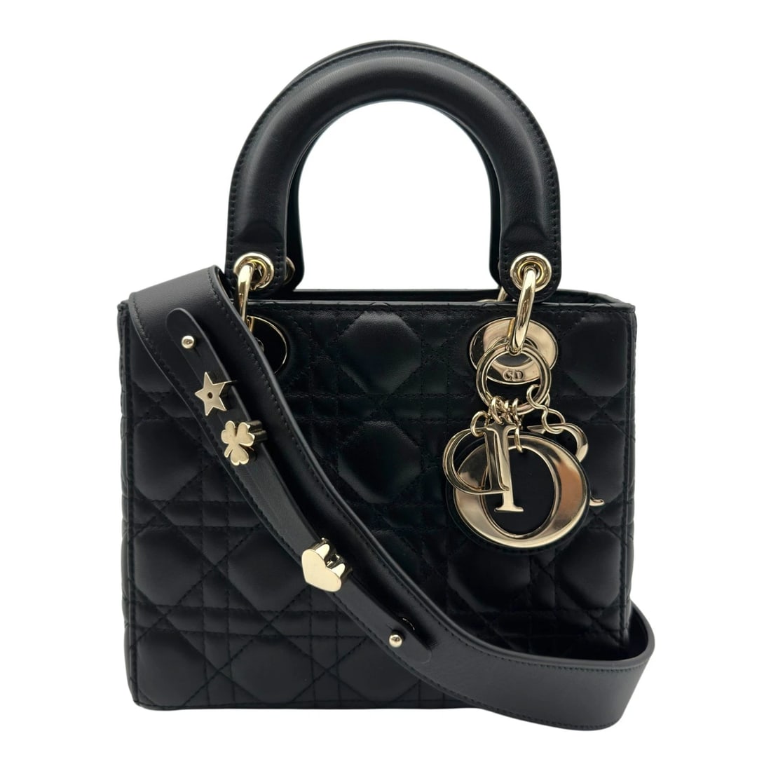 CHRISTIAN DIOR LADY DIOR SMALL HANDBAG: Christian Dior lady dior small Handbag Brand: Christian Dior Type/Style: Handbag Material: cannagerum Color: Black Gold Hardware Size: W7.9 x H7.1x D3.3inch Shoulder:42.5inch Accessories: None