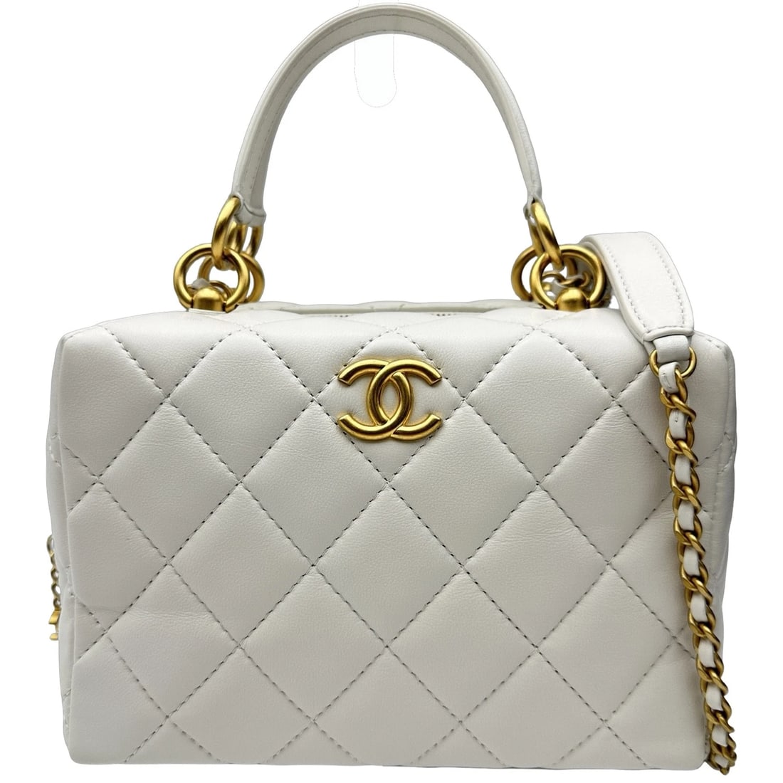 CHANEL MINI BOWLING HANDBAG: CHANEL Mini bowling Handbag Brand: CHANEL Type/Style: Handbag Material: lambskin Color: White Gold Hardware Size: W7.5 x H5.1x D3.3inch Shoulder:43.3inch Accessories: None Accessories Noti