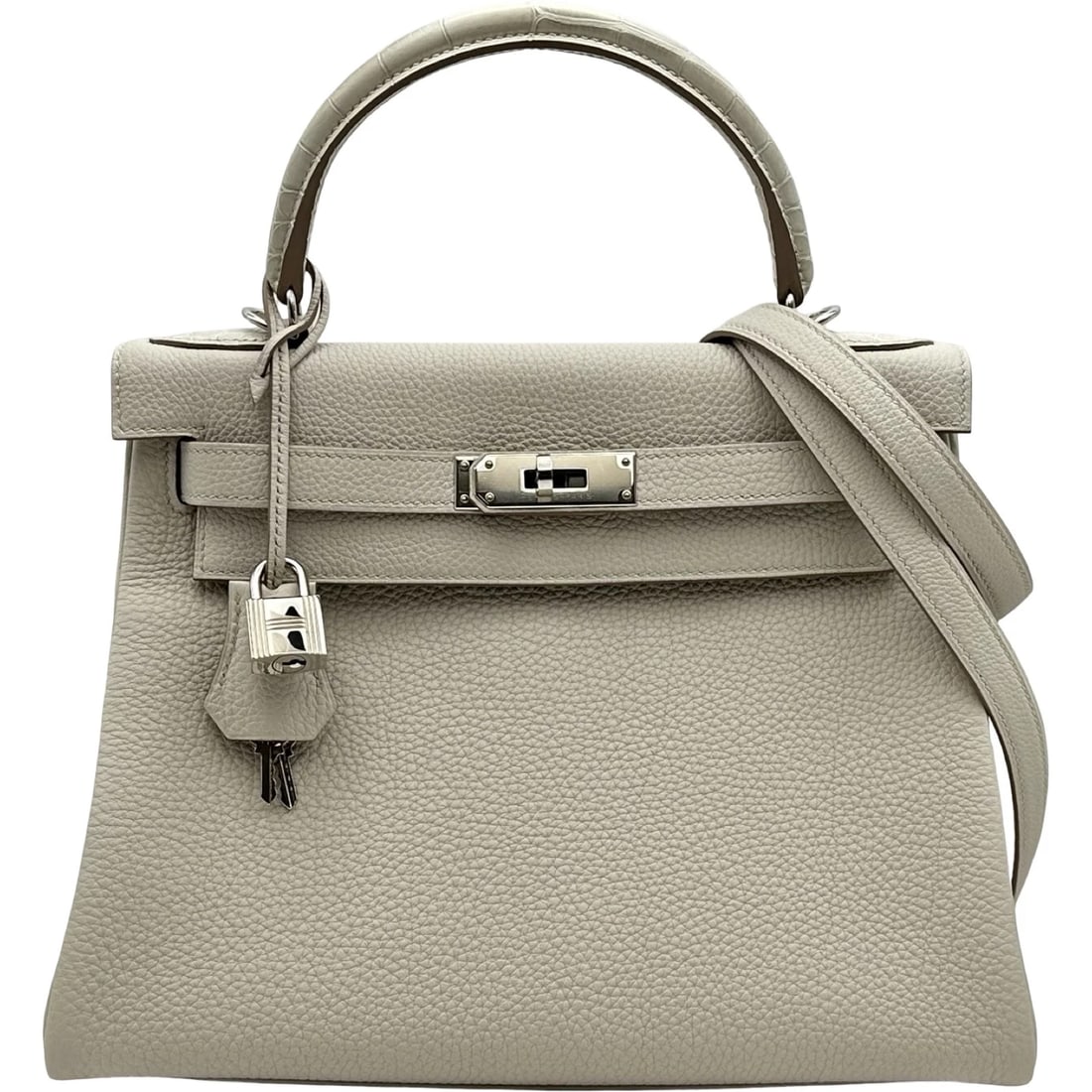 HERMES KELLY SHOULDER BAG: HERMES Kelly Shoulder Bag Brand: HERMES Type/Style: Shoulder Bag Material: Togo/Alligator Color: Beton SilverHardware Size: W11.0 x H8.1x D3.9inch Shoulder:35.4inch Accessories: None Acces