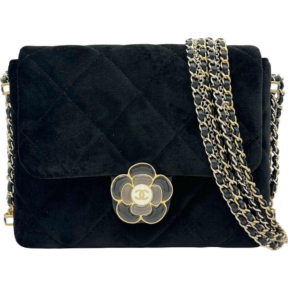 CHANEL CAMELLIA FLAP SHOULDER BAG: CHANEL Camellia flap Shoulder Bag Brand: CHANEL Type/Style: Shoulder Bag Material: Velor Color: Gold Hardware Size: W7.5 x H5.9x D2.0inch Shoulder:45.3inch Accessories: None Accessories No