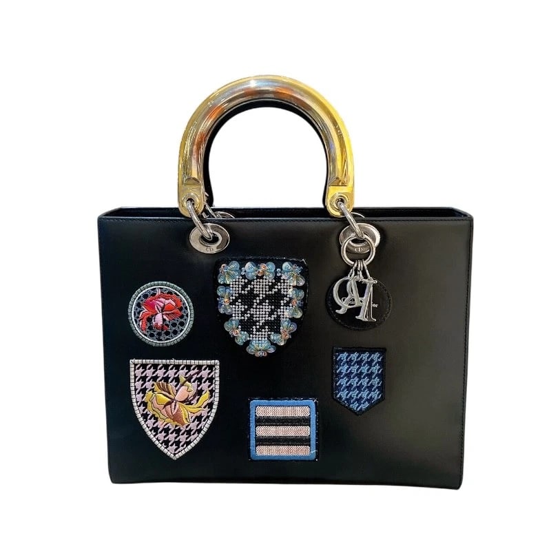 CHRISTIAN DIOR LADY DIOR LARGE TOTE BAG: Christian Dior Lady Dior Large Tote Bag Brand: Christian Dior Type/Style: Tote Bag Material: Box scarf Color: Black Gold SilverHardware Size: W12.6 x H9.4x D4.7inch Shoulder:35.0inch Accessories: