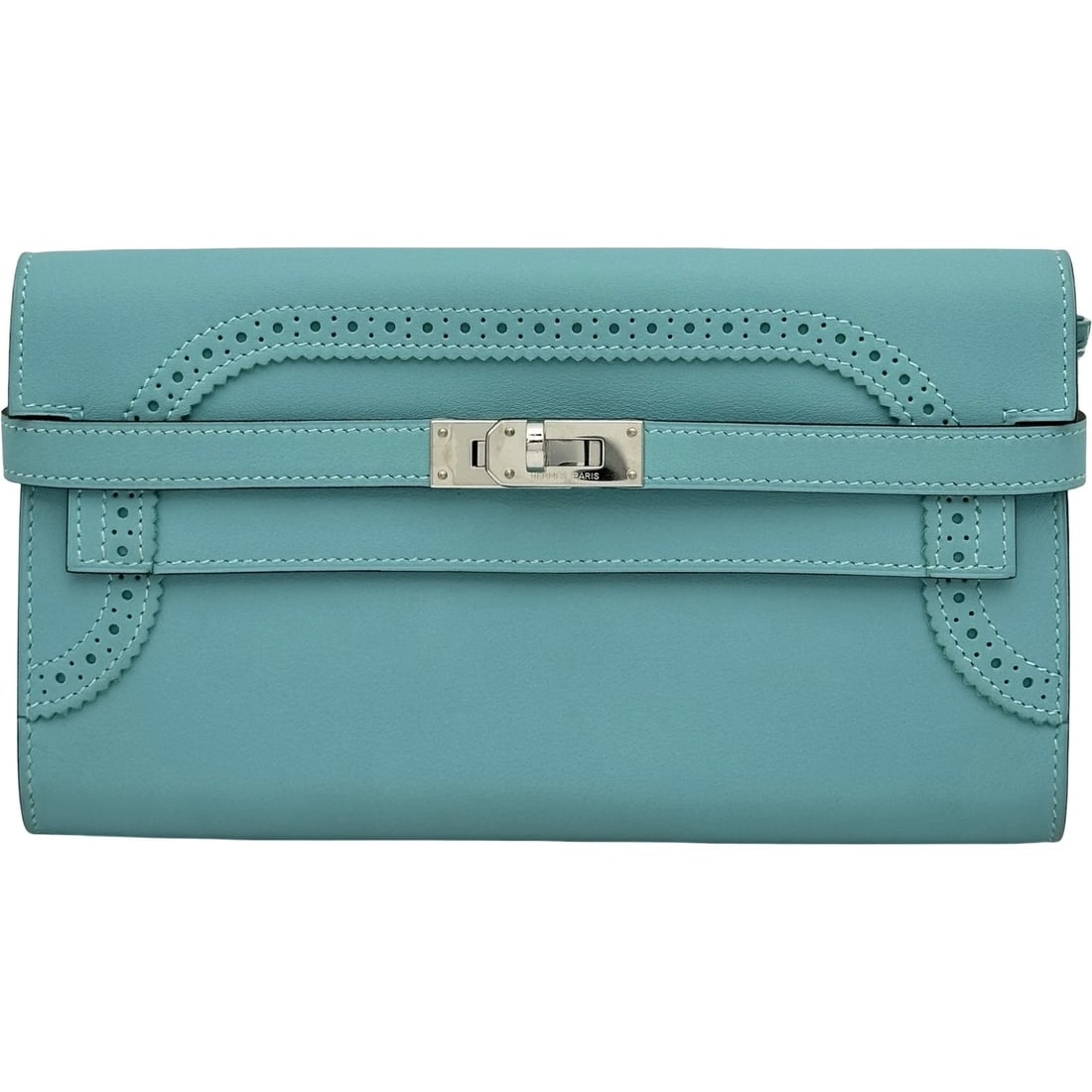 HERMES KELLY WALLET GILLIES PURSE: HERMES Kelly Wallet Gillies purse Brand: HERMES Type/Style: purse Material: Swift Color: Blue Atoll SilverHardware Size: W7.8 x H4.5x D0.7inch Accessories: None Accessories Notice: When purchasing
