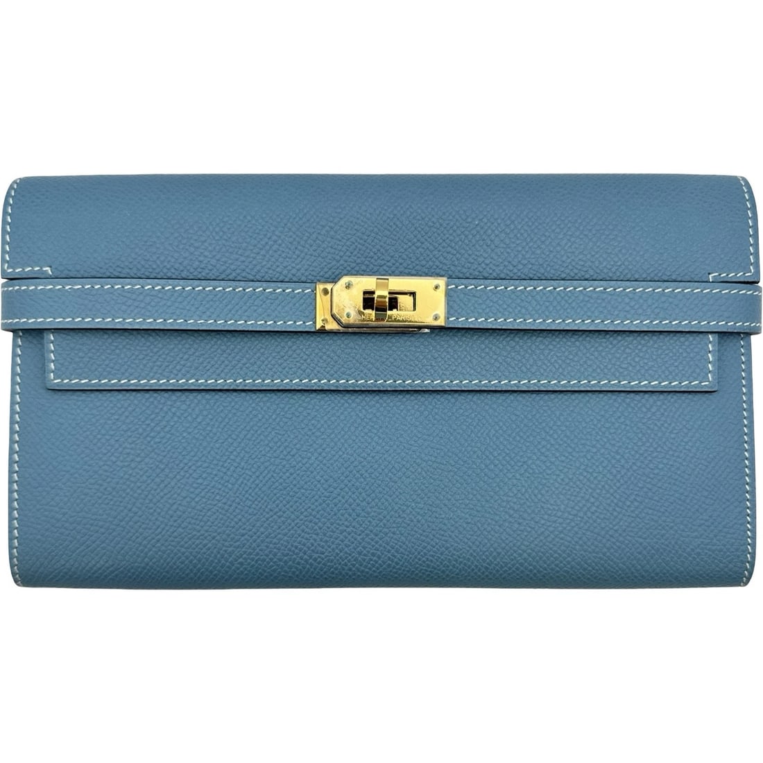 HERMES KELLY WALLET LONG PURSE: HERMES Kelly wallet long purse Brand: HERMES Type/Style: purse Material: Epsom Color: Blue Jean Gold Hardware Size: W7.9 x H4.5x D0.8inch Accessories: None Accessories Notice: When purchasing
