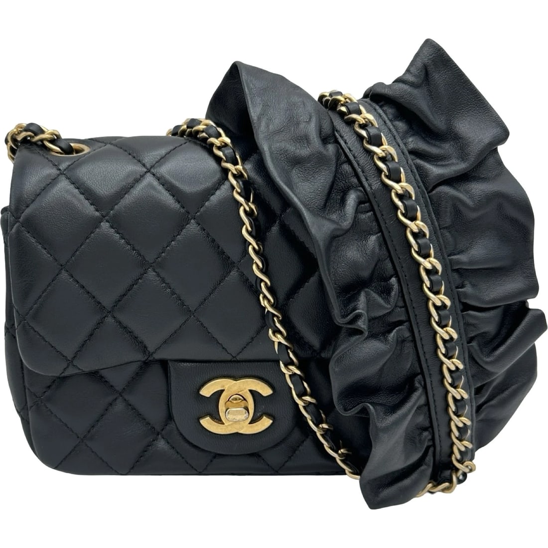 CHANEL FRILL STRAP MINI FLAP SHOULDER BAG: CHANEL Frill Strap Mini Flap Shoulder Bag Brand: CHANEL Type/Style: Shoulder Bag Material: lambskin Color: Black Gold Hardware Size: W6.5 x H4.9x D3.0inch Shoulder:41.7inch Accessories: None <