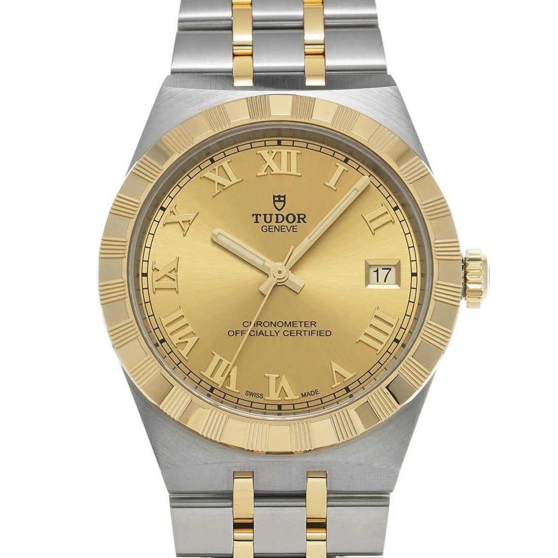 TUDOR ROYAL CHAMPAGNE WATCH: TUDOR Royal Champagne Watch Brand: TUDOR Type/Style: Wristwatch Material: Band Material Stainless steel/Yellow Gold, Case Material Stainless steel Color: Dial Color Champagne Size: ?Case? H/about